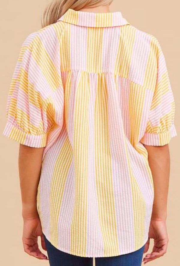 Jonnie - Striped collared neck, back shirring, front button and cuffed half dolman sleeves - Yellow/Pink Mix