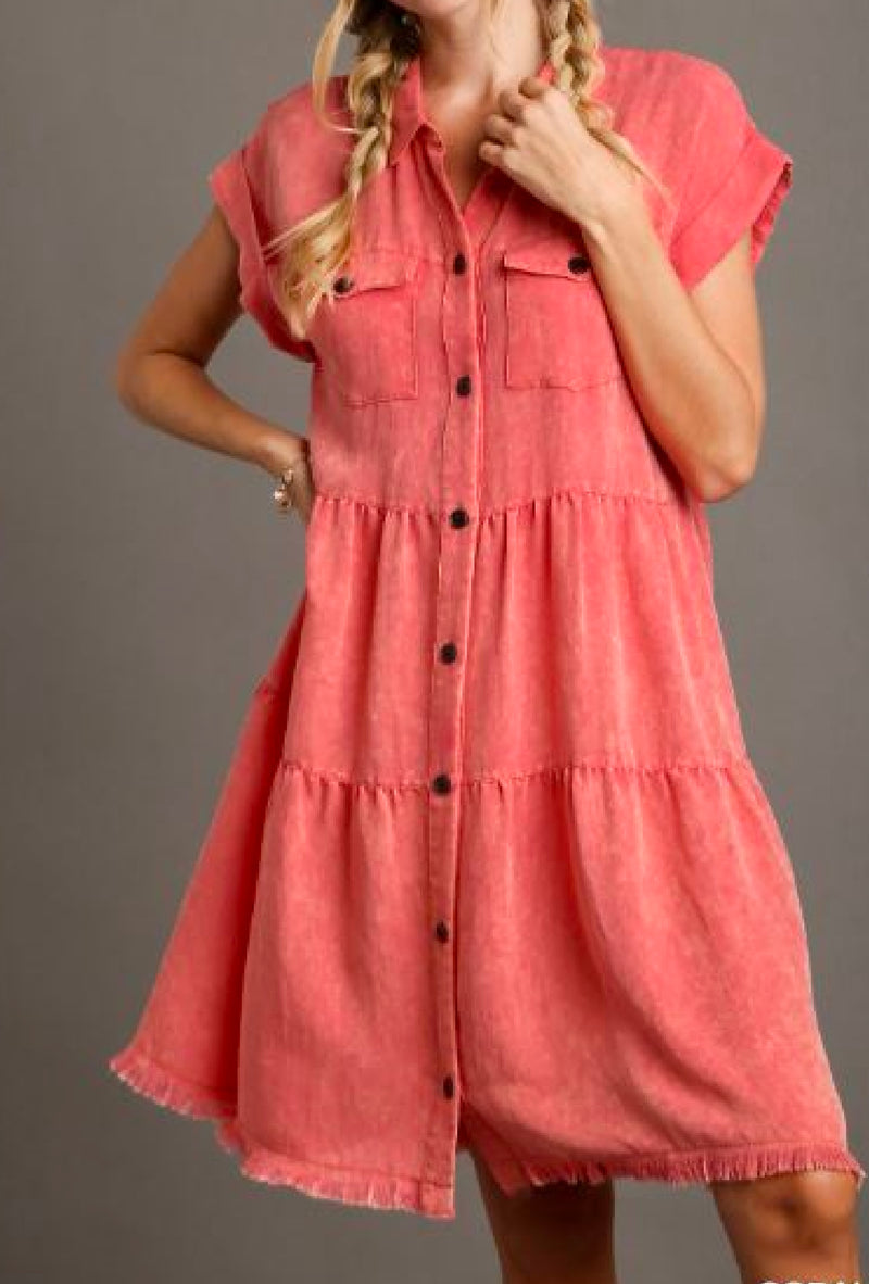 Jordana Lee - Umgee snow washed short folded sleeve button front collared ruffle dress with chest pockets and frayed hem - Coral Pink