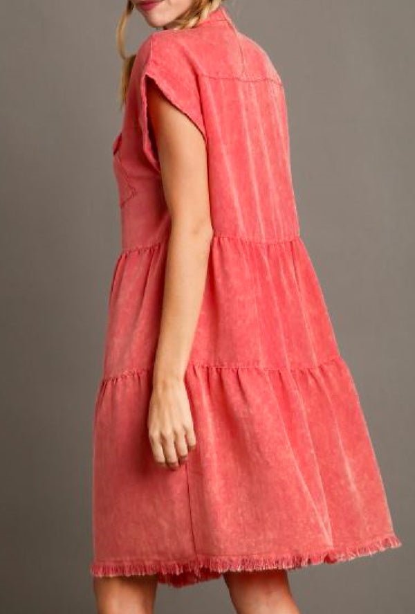 Jordana Lee - Umgee snow washed short folded sleeve button front collared ruffle dress with chest pockets and frayed hem - Coral Pink