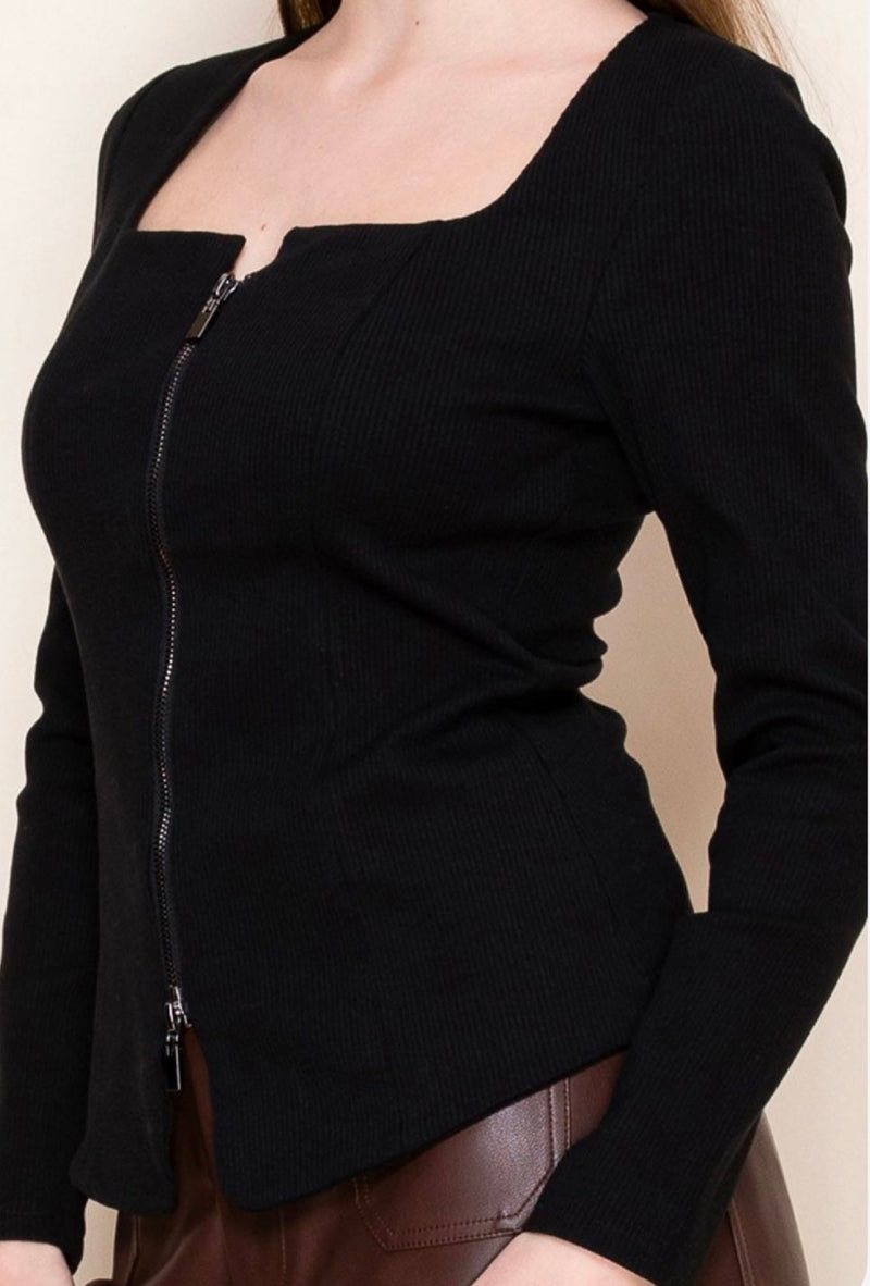 Kali - Long sleeve solid knit top with square neck & zip-up front - Black