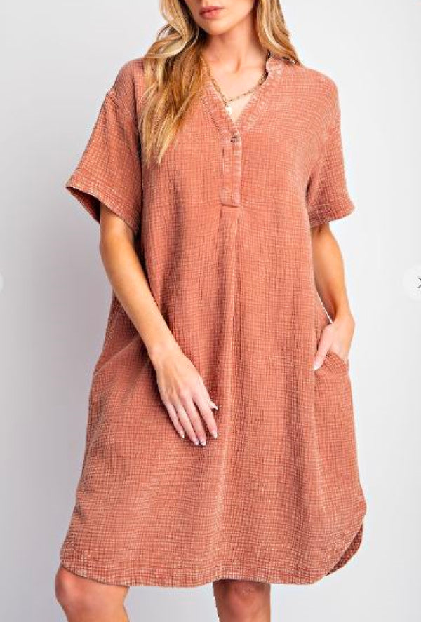 Kay Kay - Mineral washed cotton gauze midi dress with pockets - Wooden
