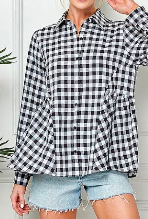 Kierra - Gingham print long sleeve ruffle hem button down shirt - Black