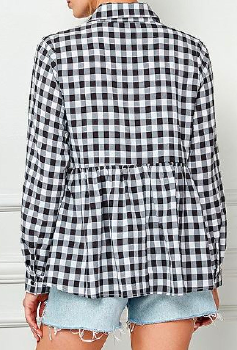 Kierra - Gingham print long sleeve ruffle hem button down shirt - Black