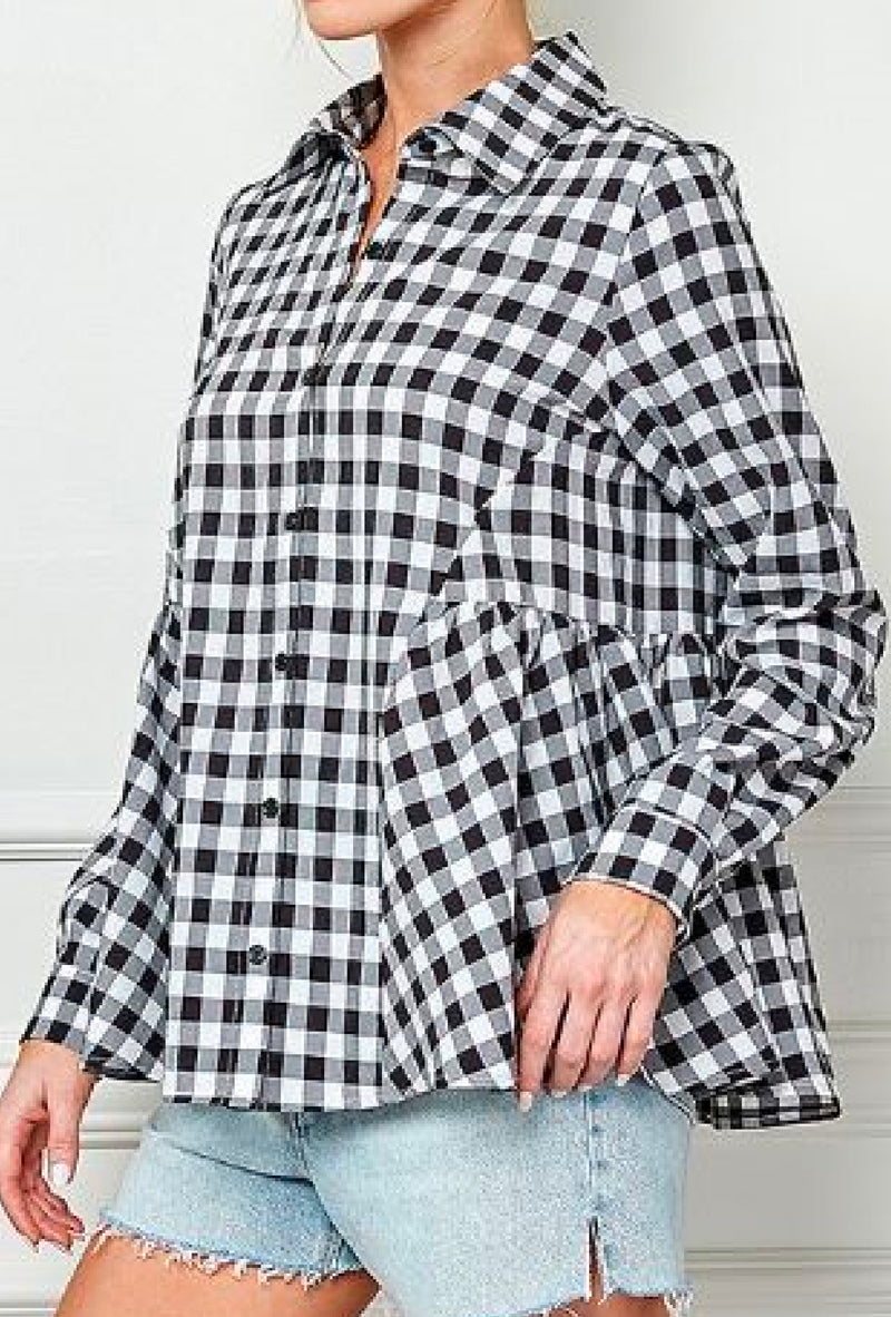 Kierra - Gingham print long sleeve ruffle hem button down shirt - Black