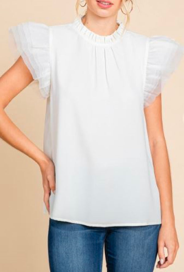 Kirwin - Solid top with frilled neck, back buttoned closure and organza layer ruffled shoulder - Ivory