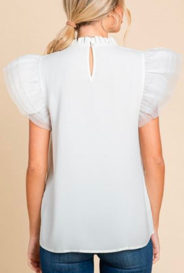 Kirwin - Solid top with frilled neck, back buttoned closure and organza layer ruffled shoulder - Ivory