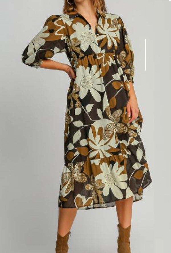 Kylie J - Umgee Floral abstract midi length tiered dress 3/4 puff sleeves collared split neck, lined