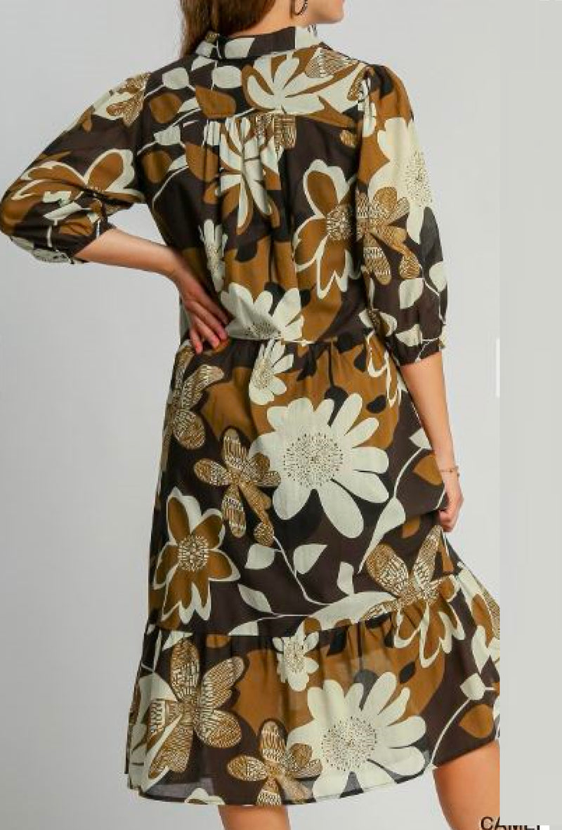 Kylie J - Umgee Floral abstract midi length tiered dress 3/4 puff sleeves collared split neck, lined