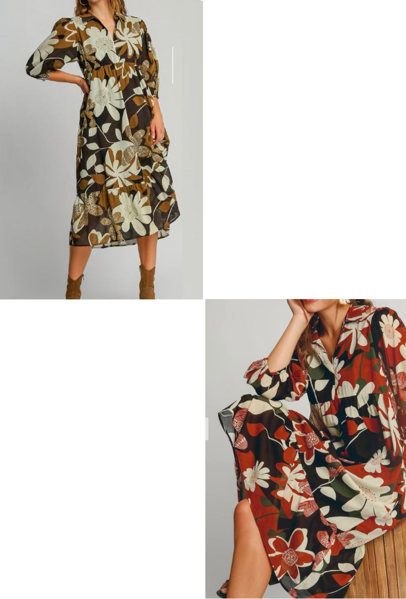 Kylie J - Umgee Floral abstract midi length tiered dress 3/4 puff sleeves collared split neck, lined