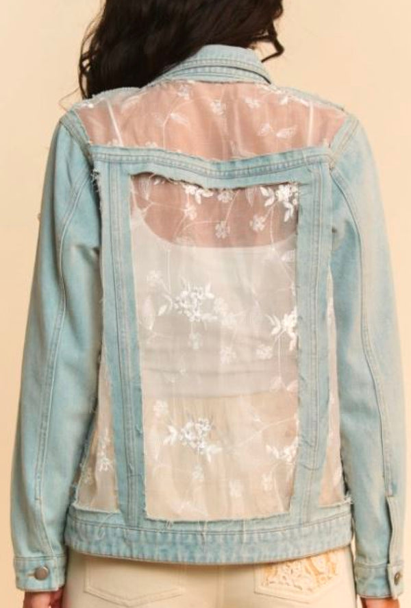 Lacee - Patchwork lace denim jacket with romantic floral lace patterns distressed trim relaxed fit - Denim/Lace
