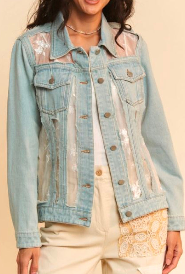Lacee - Patchwork lace denim jacket with romantic floral lace patterns distressed trim relaxed fit - Denim/Lace