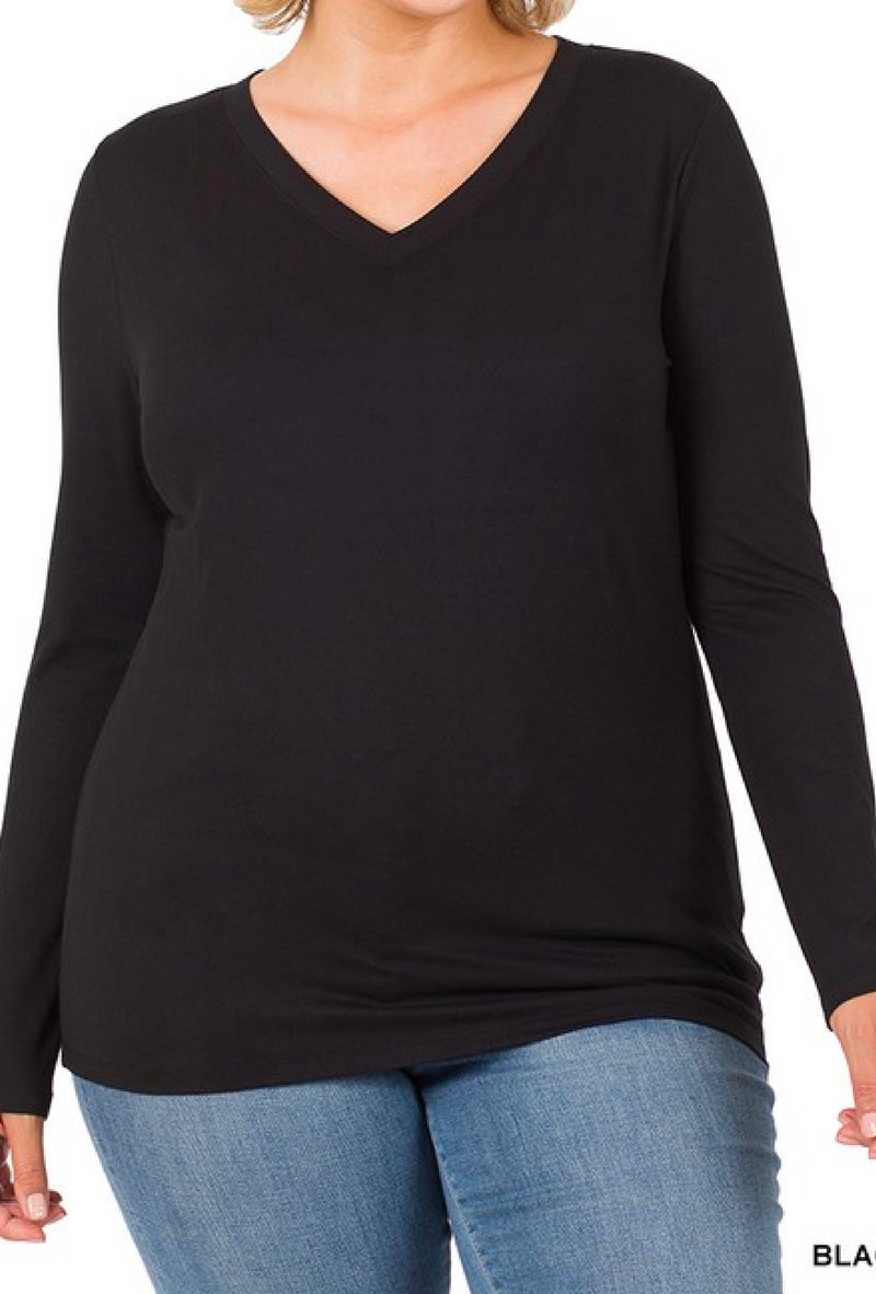 Lena - Brushed microfiber long sleeve V-neck tee, buttery soft - Black