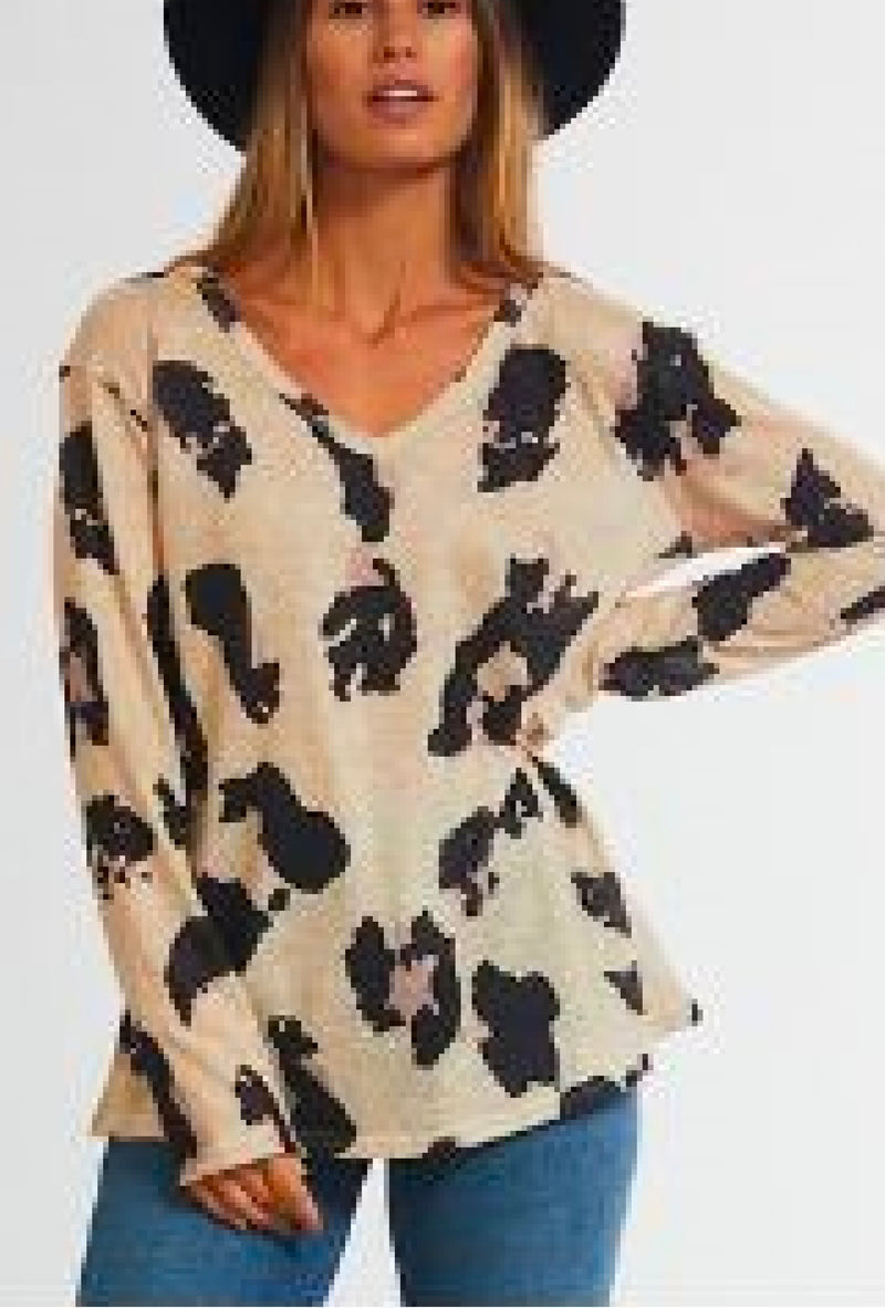 Lindz - Long sleeves leopard print V-neck top - Leopard