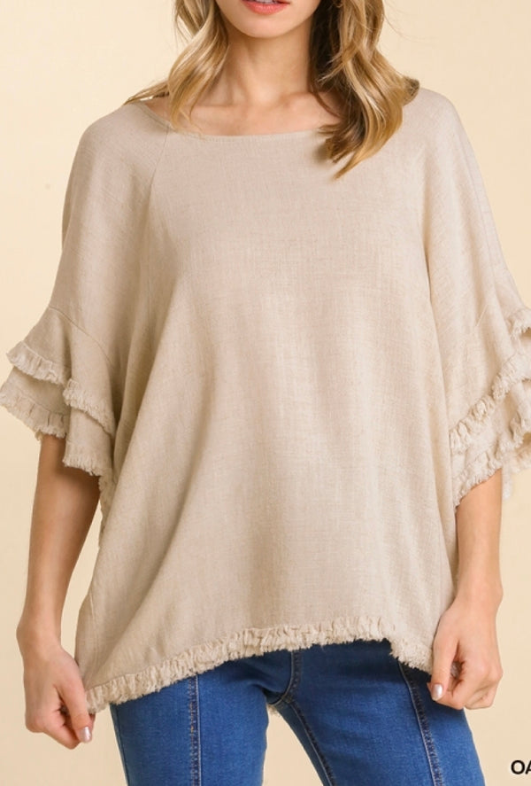 Lucia - Umgee Linen blend layered ruffle short sleeve round neck top with frayed hem