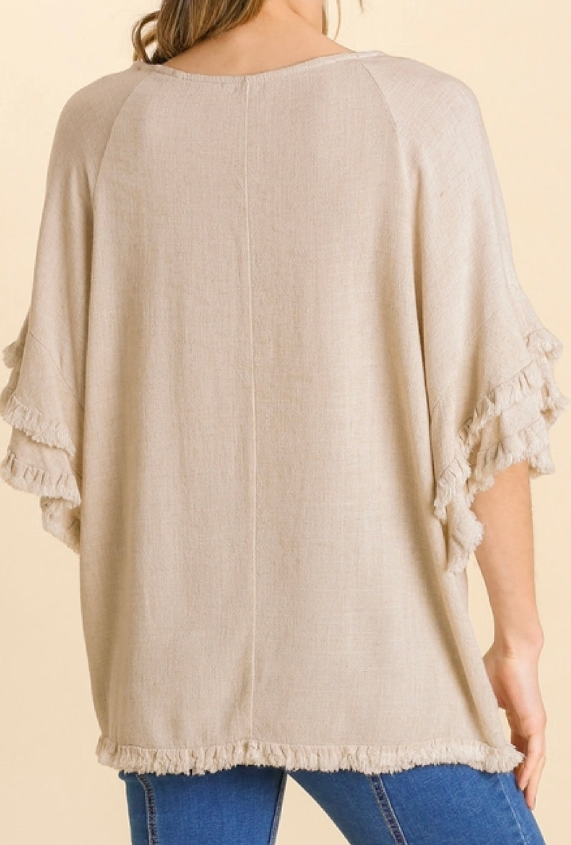 Lucia - Umgee Linen blend layered ruffle short sleeve round neck top with frayed hem