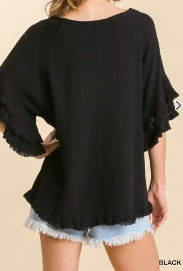 Lucia - Umgee Linen blend layered ruffle short sleeve round neck top with frayed hem