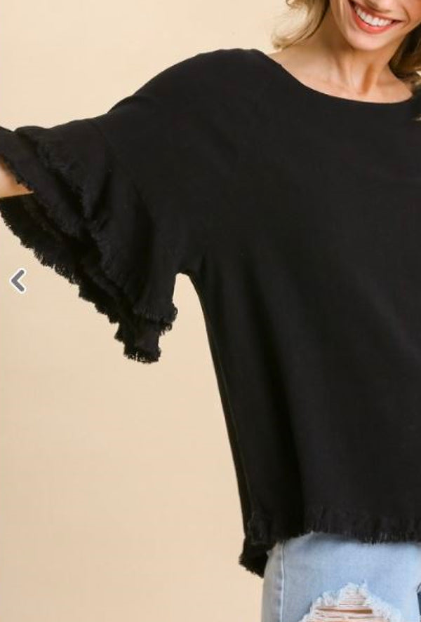 Lucia - Umgee Linen blend layered ruffle short sleeve round neck top with frayed hem