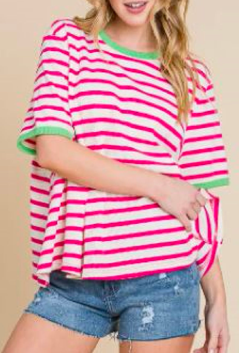 Lylah - Stripe thermal loose fit short sleeve top - White/Pink