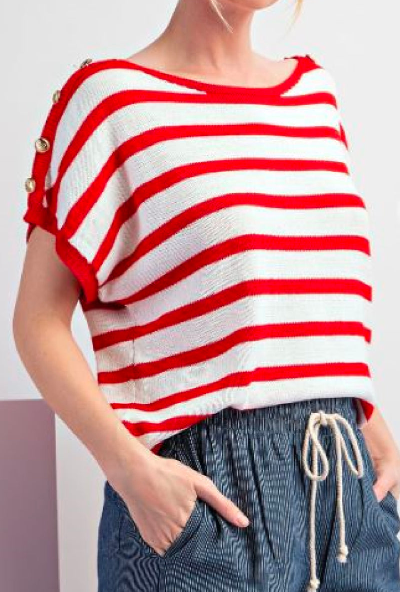 Maliyah - Striped top with buttoned shoulders - Tomato