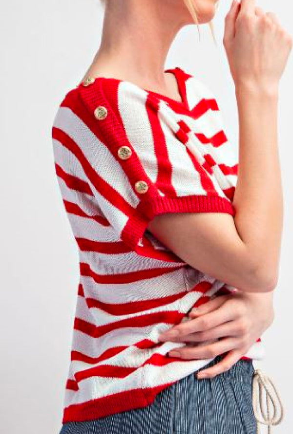 Maliyah - Striped top with buttoned shoulders - Tomato