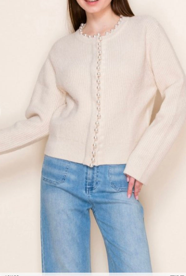 Margarette - Long sleeve solid knit cardigan with pearl neckline & front center detail - Ivory
