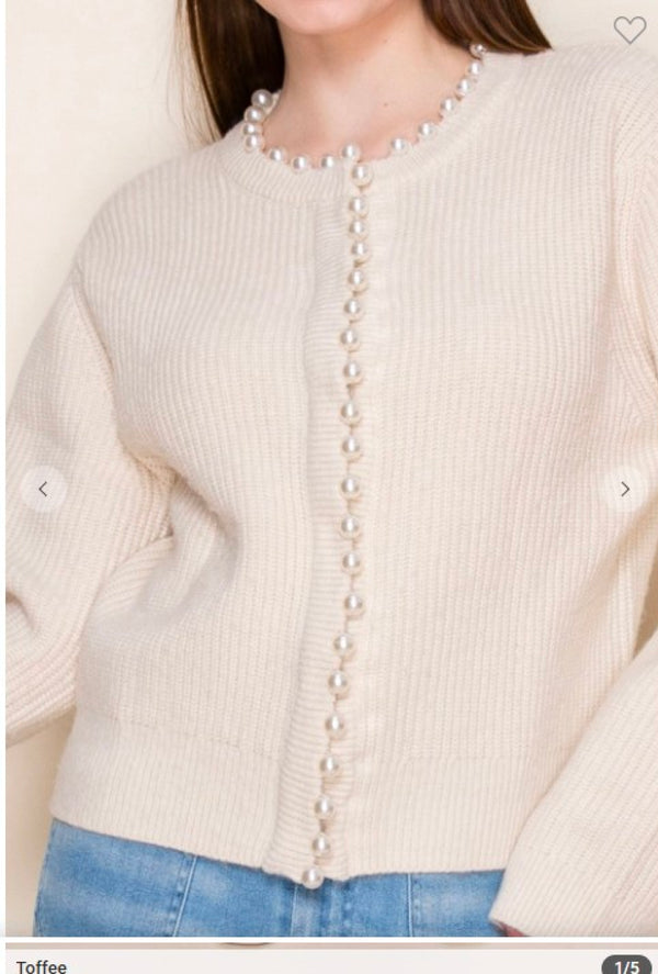 Margarette - Long sleeve solid knit cardigan with pearl neckline & front center detail - Ivory
