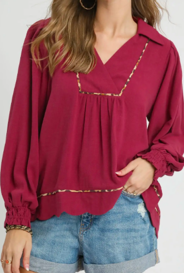 Merla - Umgee Linen scallop hem V-neck with collar, long bishop sleeves, piping detail - Merlot