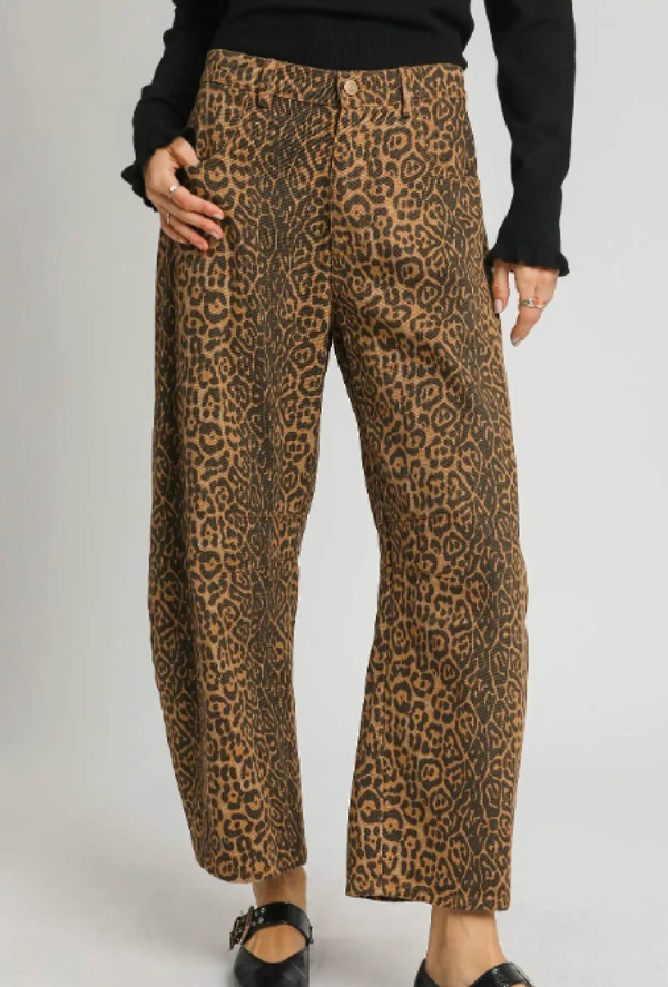 Ms Camella - Umgee leopard print wide leg pants, side pocket, denim pants, non-stretch - Camel