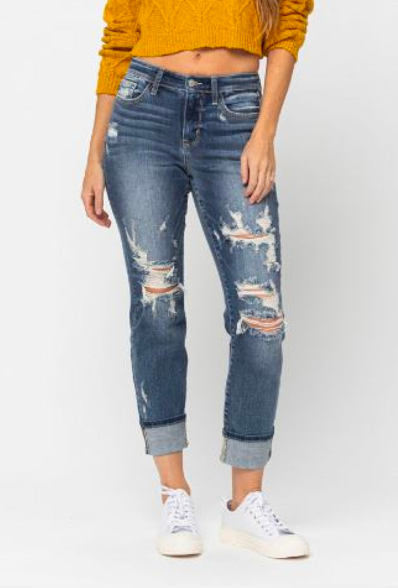 Ms Fletcher - Judy Blue Mid rise cuffed destroy boyfriend jean