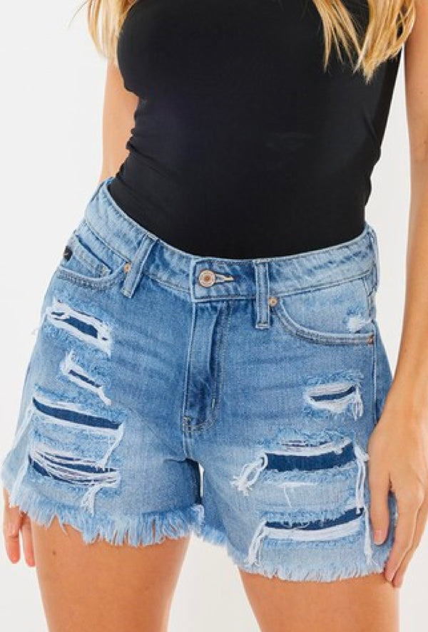 Ms Keys - Kancan High rise mom jean shorts, patched fray hem