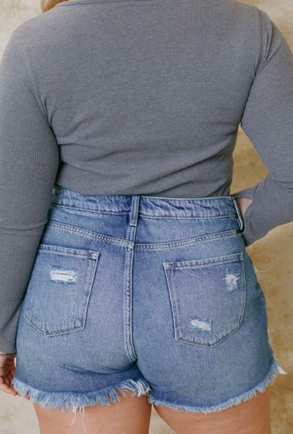 Ms Keys - Kancan High rise mom jean shorts, patched fray hem