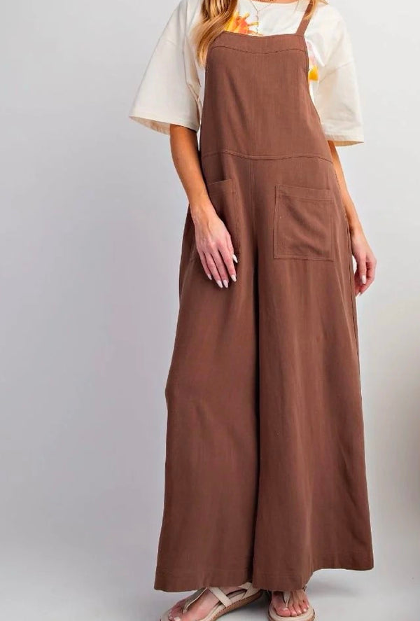 Ms Mocha - Textured linen wide leg jumpsuit / overall - Mocha