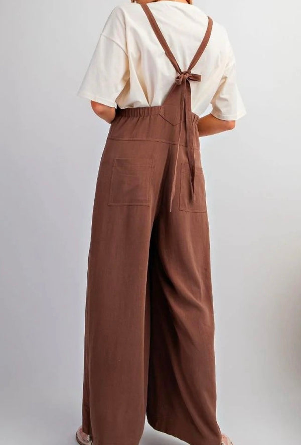 Ms Mocha - Textured linen wide leg jumpsuit / overall - Mocha