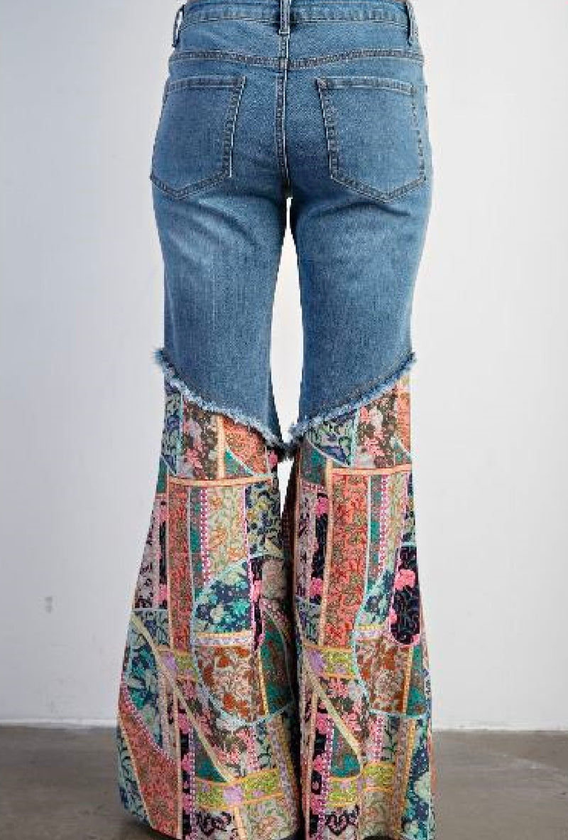 Ms Nelly - Print bottom washed denim bell bottom pans with paisley/bandana print contrast