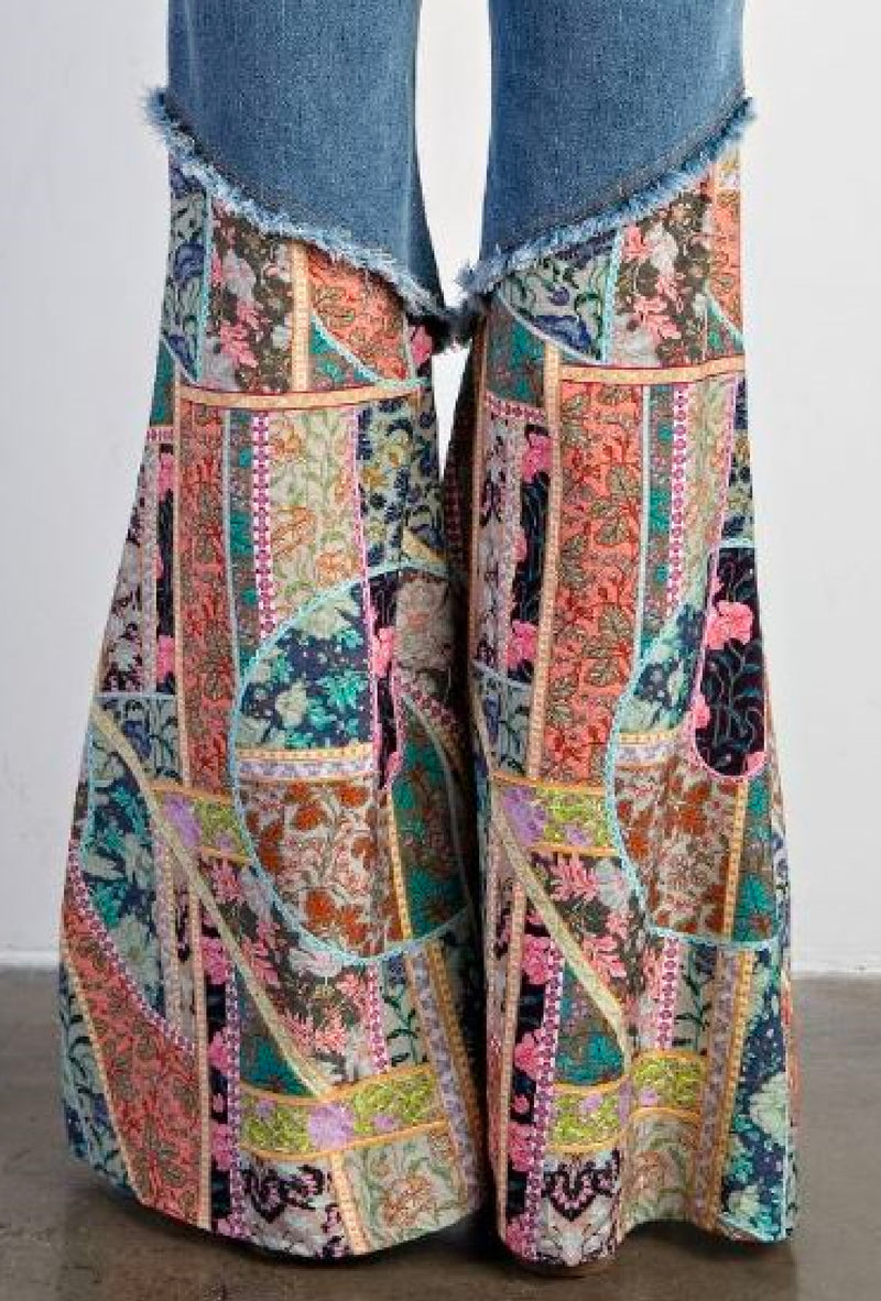 Ms Nelly - Print bottom washed denim bell bottom pans with paisley/bandana print contrast