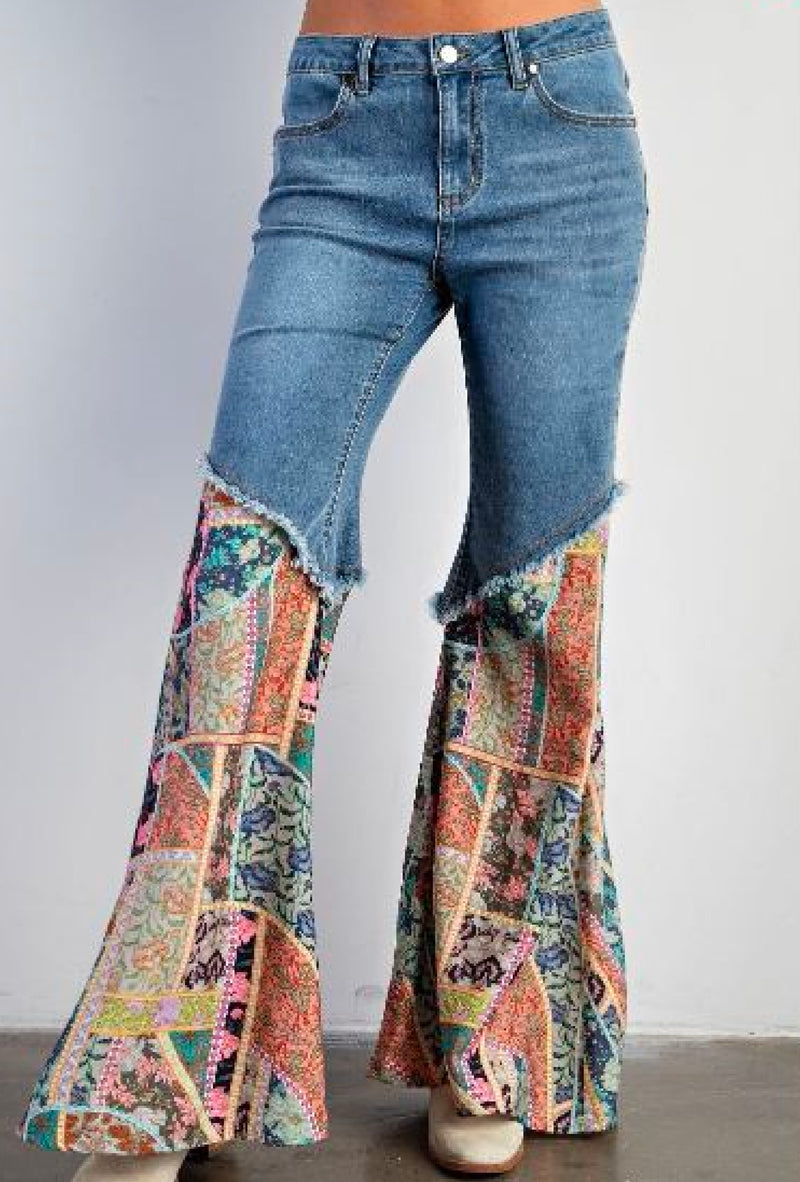 Ms Nelly - Print bottom washed denim bell bottom pans with paisley/bandana print contrast