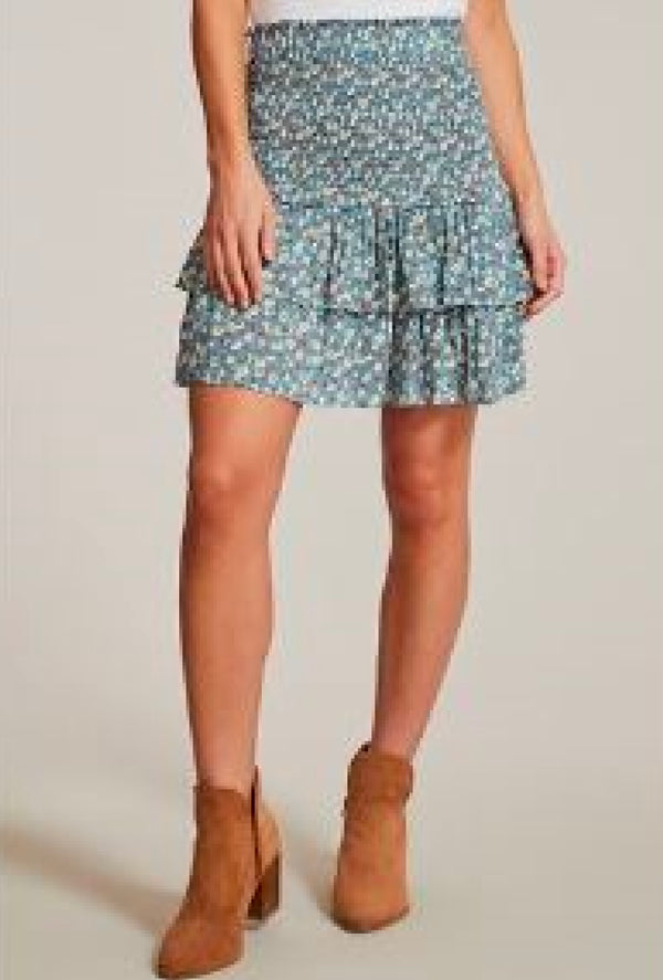 Ms Piper - Smocked printed floral riffle skirt, elastic waist and double layer ruffle hem - Teal