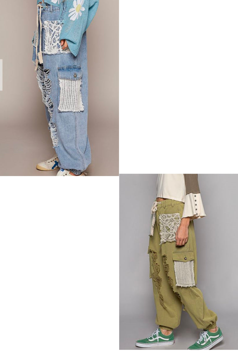 Ms Pol - Woven design in twill jogger pants with distress, crochet patch, back elastic band inside, loop, vintage washing