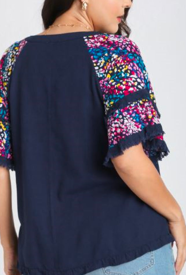 Navee - Umgee V-notched linen top with double layer flutter sleeves & frayed unfinished hem - Navy