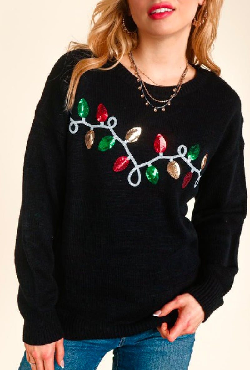 Noelle -Sequins Christmas light embroidered sweater - Black