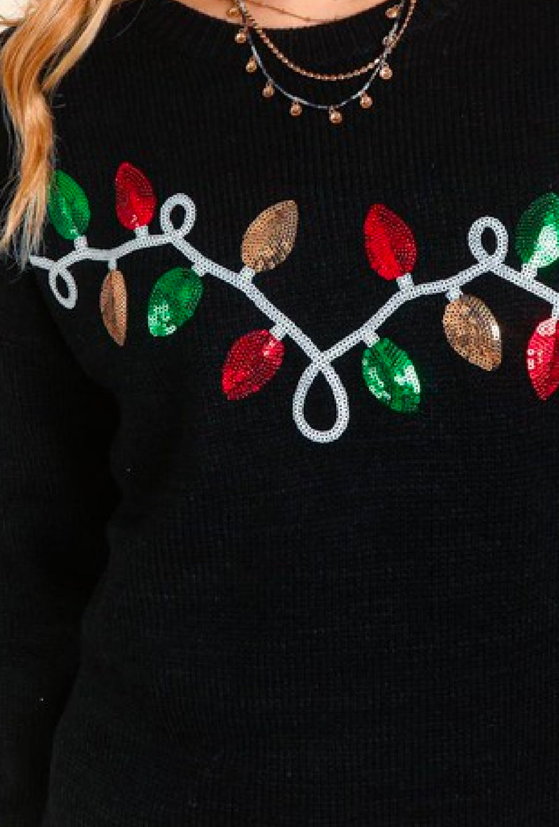 Noelle -Sequins Christmas light embroidered sweater - Black