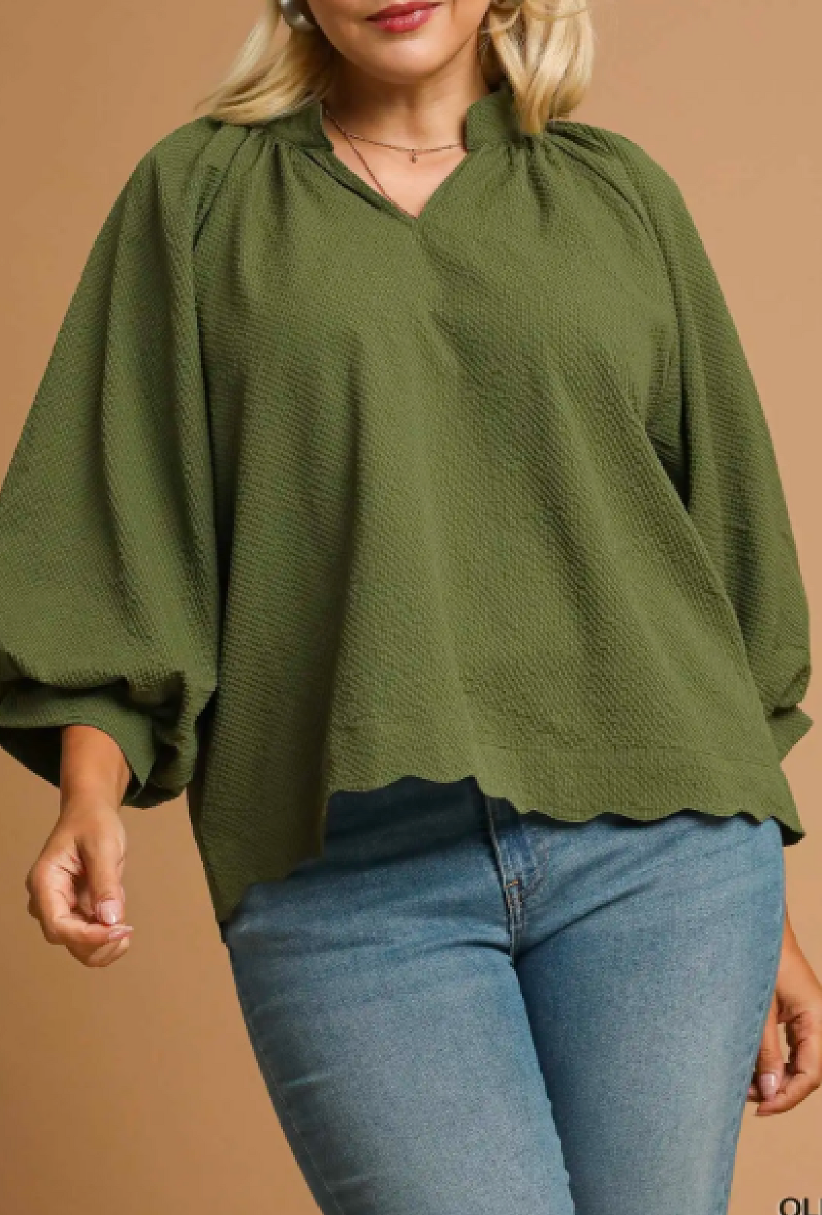 Ollie - Umgee split V-neck top with balloon sleeves - Olive 