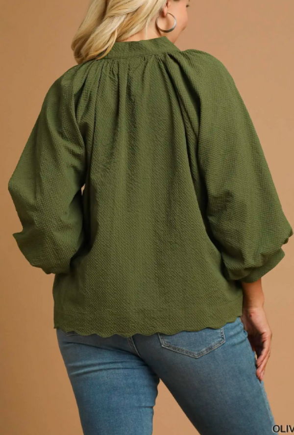 Ollie - Umgee split V-neck top with balloon sleeves - Olive
