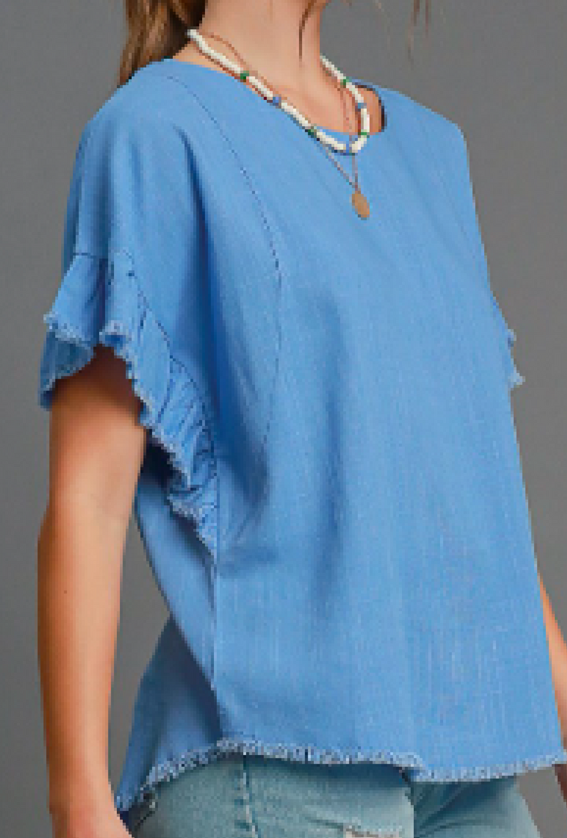 Orchid - Linen blend short ruffle sleeve round neck top with frayed scoop hem - Orchid Blue