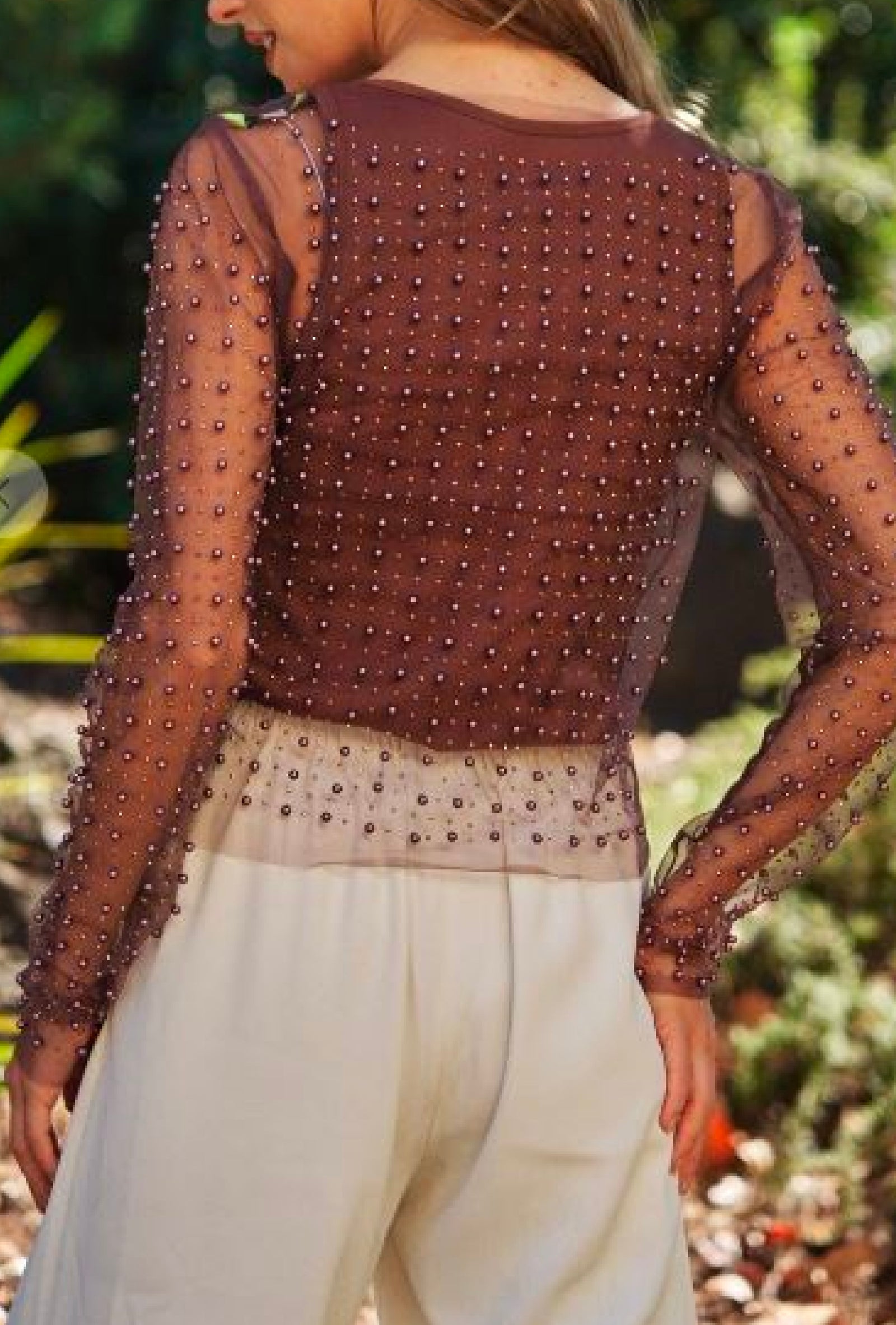 Pearl - Bead & Pearl embellished long sleeves mesh top