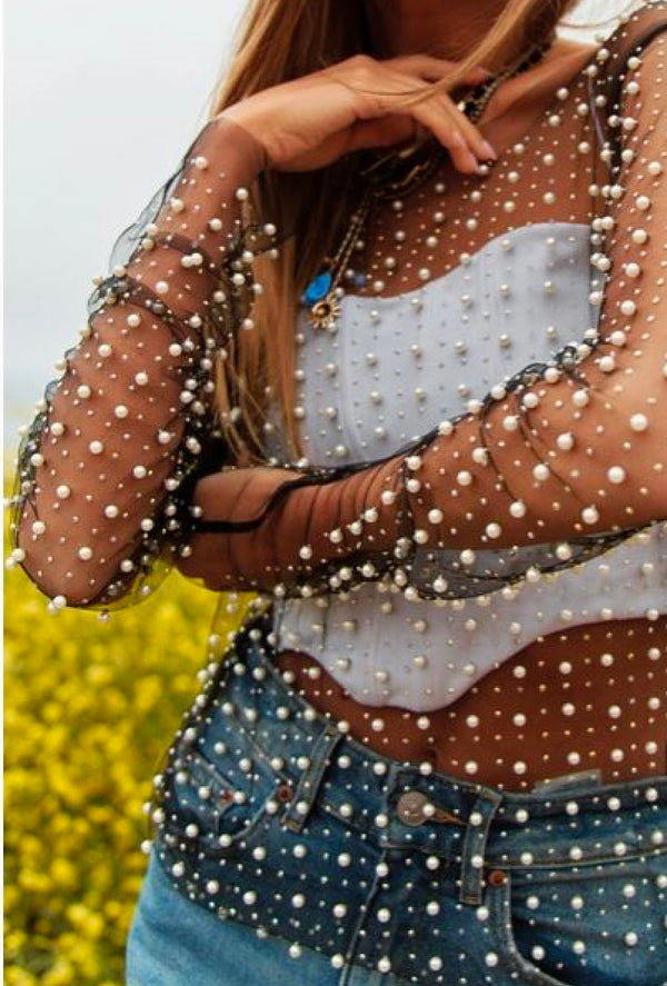 Pearl - Bead & Pearl embellished long sleeves mesh top