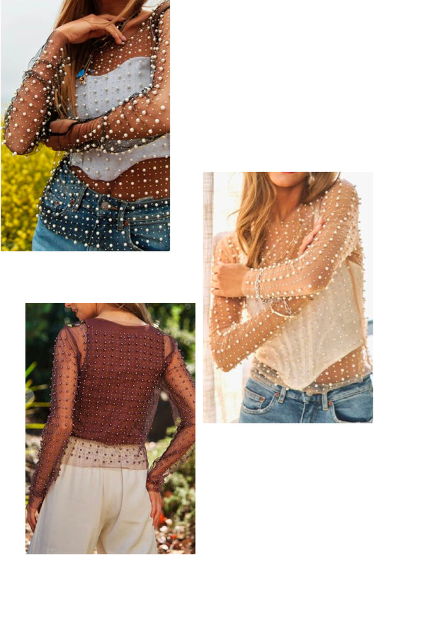 Pearl - Bead & Pearl embellished long sleeves mesh top