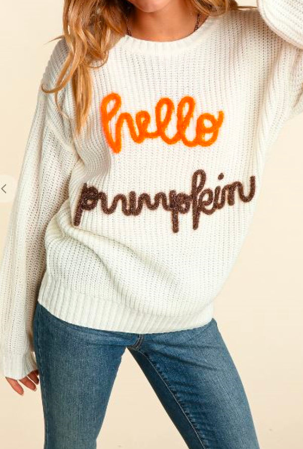 Pumpkin - Hello Pumpkin long sleeve oversize pullover with glitter yarn popup embroidery