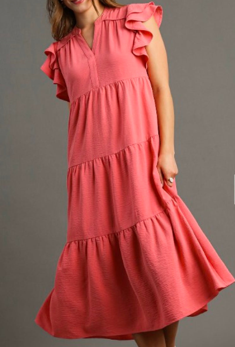 Remi Rose - Umgee Collar split neck short ruffle sleeves tiered midi dress with no lining