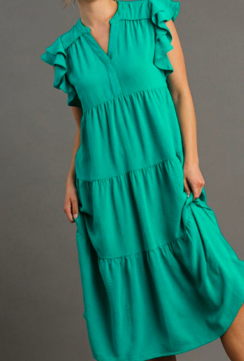 Remi Rose - Umgee Collar split neck short ruffle sleeves tiered midi dress with no lining
